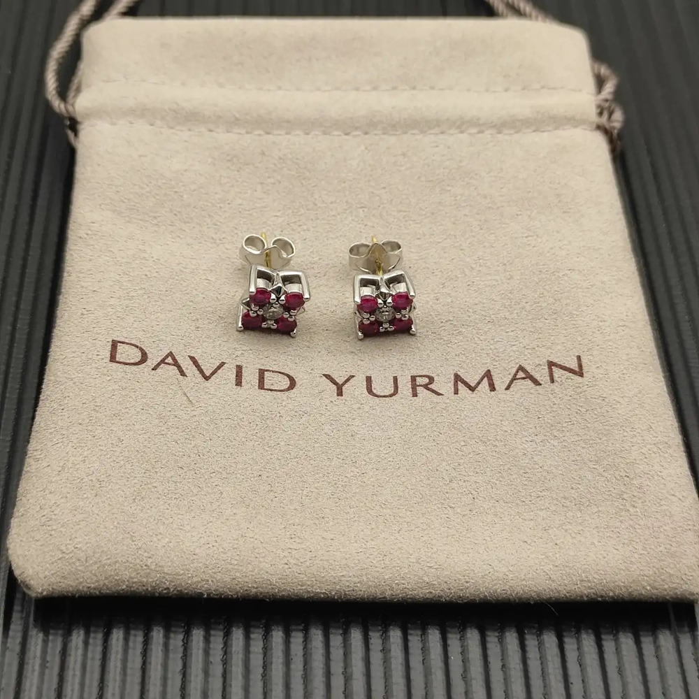 David Yurman Silver Red Diamond Pyramid Earrings